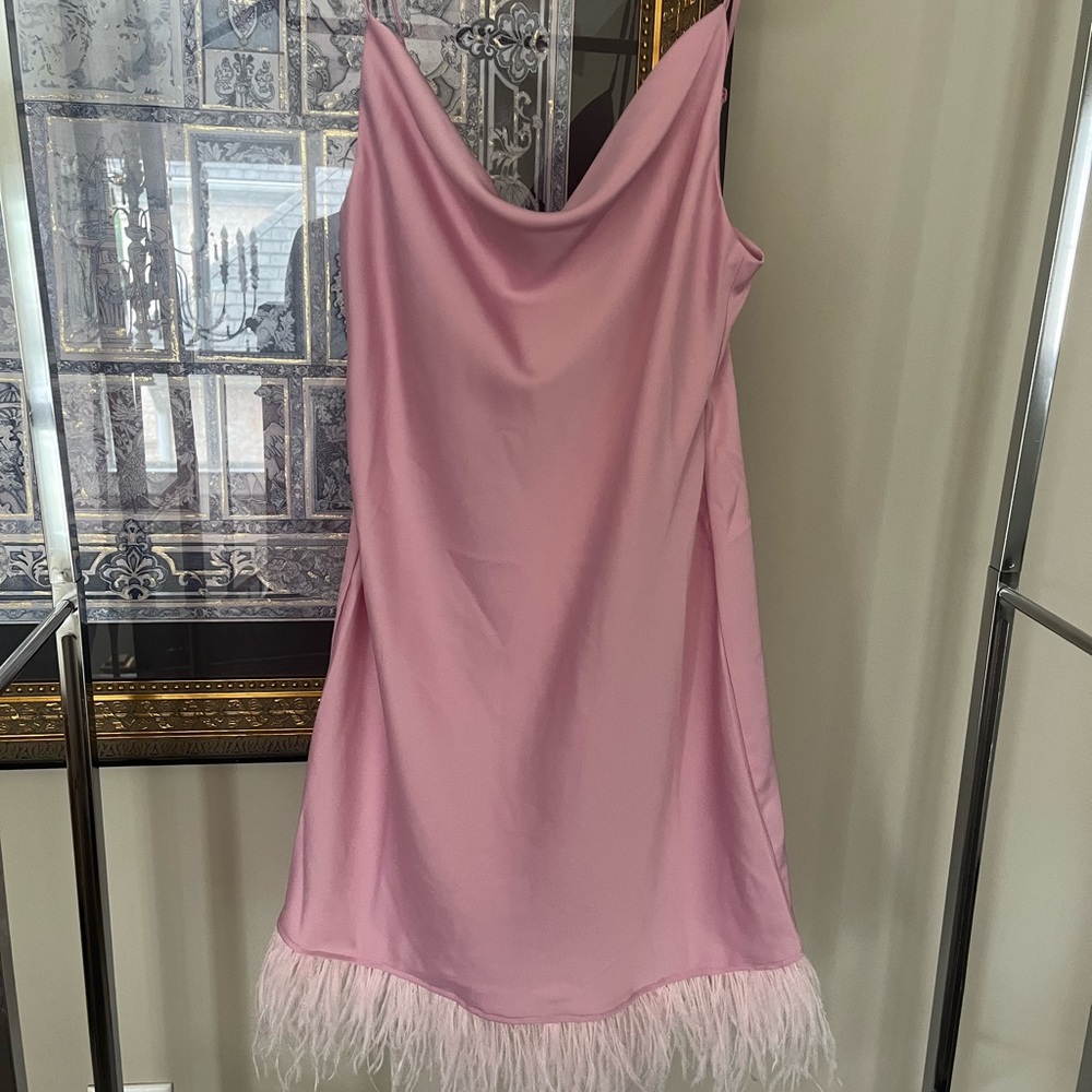 Pink cowl neck mini dress with feather trimmed bottom